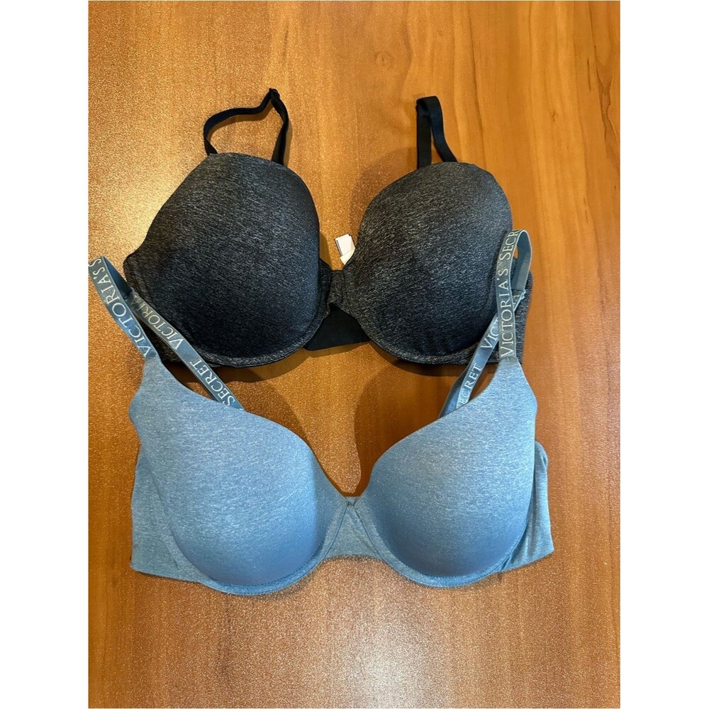 Victoria's Secret 36D Bra Lot (2) Heather Blue Gray Logo Strap Comfort Underwire - Picture 2 of 8